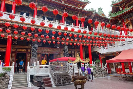 KAOHSIUNG, TAIWAN -- AUGUST 15, 2015: A view of the courtyard of the Sanfeng Temple, which is one of the oldest temples in Kaohsiung, dating back 300 years.
