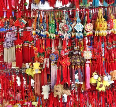 KAOHSIUNG, TAIWAN -- JUNE 7, 2019: A street vendor sells scented sachets in various shapes and designs.
