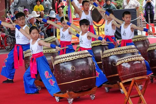 KAOHSIUNG, TAIWAN -- MAY 26, 2019: A junior high school percussion group performs at the Qing Yun Temple in the Dashe District of Kaohsiung City.