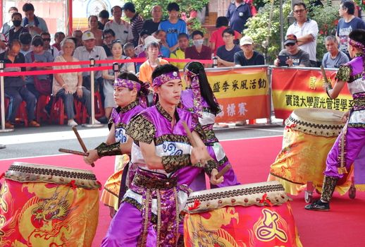 KAOHSIUNG, TAIWAN -- MAY 26, 2019: A junior high school percussion group performs at the Qing Yun Temple in the Dashe District of Kaohsiung City.