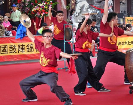 KAOHSIUNG, TAIWAN -- MAY 26, 2019: A junior high school percussion group performs at the Qing Yun Temple in the Dashe District of Kaohsiung City.