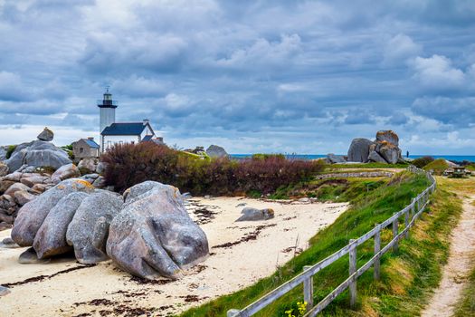 Pontusval lighthouse (Phare de Pontusval) at Brignogan-Plages, Finistere. Brittany (Bretagne), France