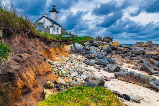 Pontusval lighthouse (Phare de Pontusval) at Brignogan-Plages, Finistere. Brittany (Bretagne), France