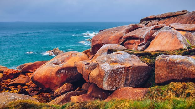 The pink granite coast view, granit rocks in Tregastel (Perros-Guirec), Brittany (Bretagne), France