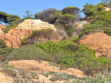 Wild nature with red cliffs at the Algarve coast of Portugal