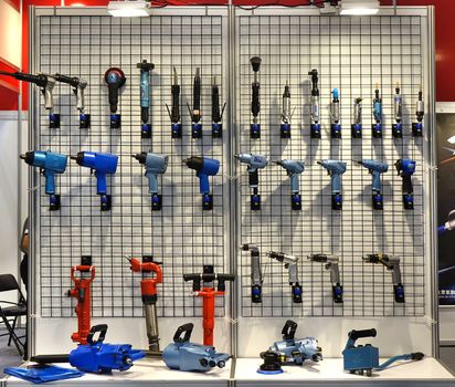 KAOHSIUNG, TAIWAN -- MARCH 30, 2019: Specialized power tools are on display at a booth at an industrial fair.
