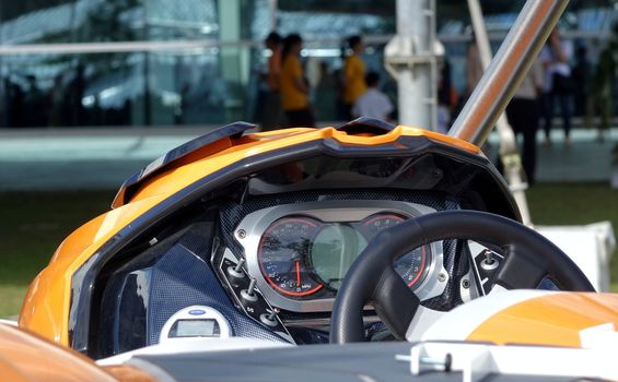 KAOHSIUNG, TAIWAN -- MAY 11, 2014: A close up view of the cockpit  of a high speed boat displayed at the 2014 Taiwan International Boat Show.