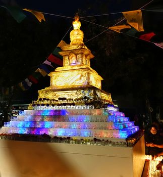 KAOHSIUNG, TAIWAN -- FEBRUARY 9, 2019: A large lantern in the shape of a Buddhist stupa is on display at the Lantern Festival.