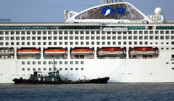 KAOHSIUNG, TAIWAN -- OCTOBER 11, 2014:  The cruise ship Sun Princess with more than 1000 guest cabins docks at Kaohsiung Harbor.