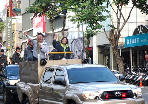 KAOHSIUNG, TAIWAN -- JANUARY 9, 2016: Presidential election frontrunner Tsai Ying-Wen of the DPP waves to supporters one week before the elections will be held.
