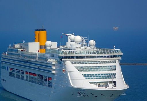 KAOHSIUNG, TAIWAN -- SEPTEMBER 12 , 2017: The luxury cruise liner Costa Victoria coming from Japan approaches Kaohsiung Port.