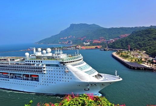 KAOHSIUNG, TAIWAN -- SEPTEMBER 12 , 2017: The luxury cruise liner Costa Victoria coming from Japan approaches Kaohsiung Port.