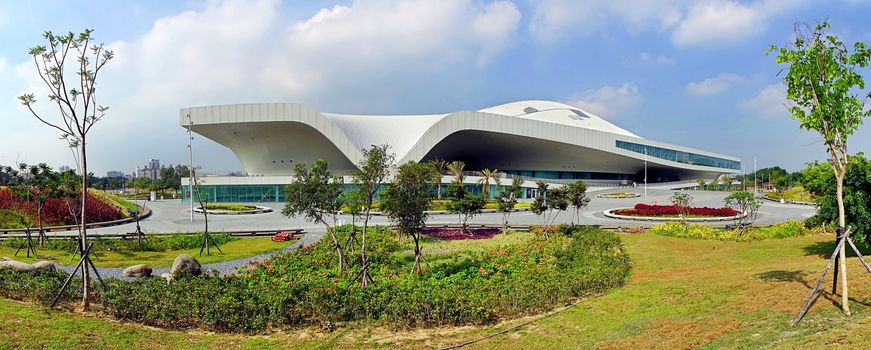 KAOHSIUNG, TAIWAN -- MAY 5, 2018: A panoramic view of the recently completed National Center for the Performing Arts located in the Weiwuying Metropolitan Park
