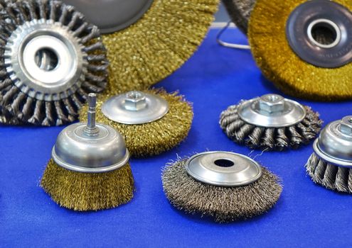KAOHSIUNG, TAIWAN -- MARCH 30, 2019: Industrial wire brush attachments with steel bristles at the Kaohsiung Industrial Automation Exhibition.
