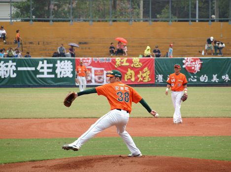 PINGTUNG, TAIWAN, APRIL 8: Pitcher Wordekemper of the President Lions in action in a game of the Pro Baseball League against the Lamigo Monkeys. The Lions won 2:0 on April 8, 2012 in Pingtung. 
