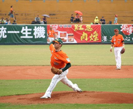 PINGTUNG, TAIWAN, APRIL 8: Pitcher Wordekemper of the President Lions in action in a game of the Pro Baseball League against the Lamigo Monkeys. The Lions won 2:0 on April 8, 2012 in Pingtung.