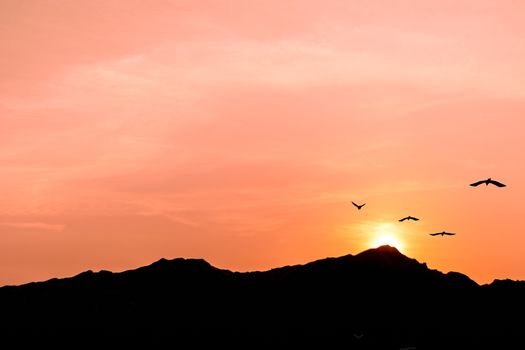 Mountain scenery view landscape with twilight sky beautiful magenta color tone theme sunset and sunrise background.