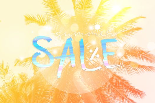 Summer sale qoute on tropical palm tree with fun colorful theme background.