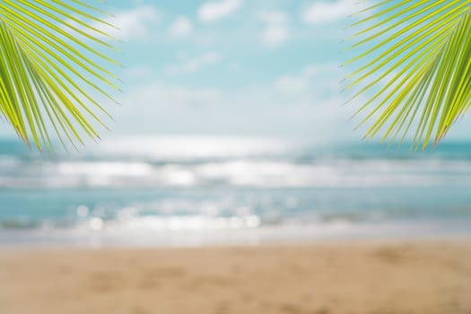 Tropical nature clean beach and white sand in summer with palm tree leaf sun light blue sky and bokeh abstract  background.