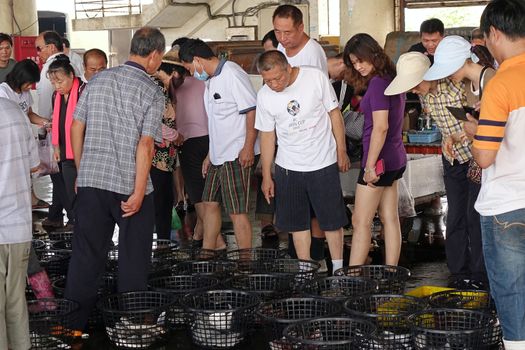 KAOHSIUNG, TAIWAN -- MAY 9, 2015: Potential buyers inspects baskets of fish and seafood at the fish market in Sinda.
