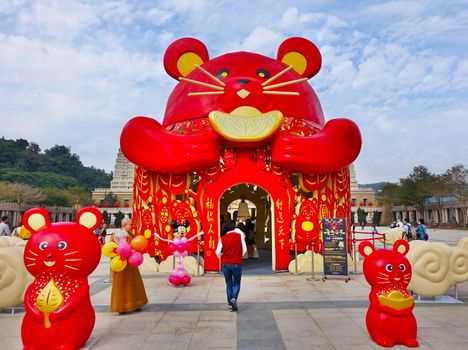 KAOHSIUNG, TAIWAN -- JANUARY 25, 2020: To celebrate the Chinese Year of the Rat Fo Guang Shan monastery has set up a large gate in the shape of a rat.
