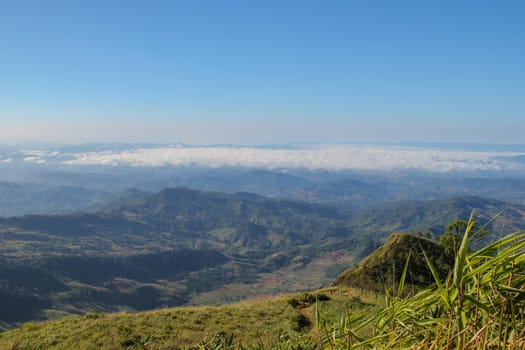 Views of the mountains with colorful sky. And fog in the morning.