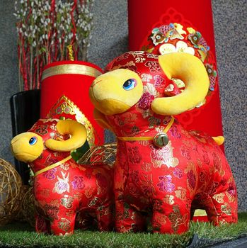 TAINAN, TAIWAN -- JANUARY 30, 2015: To celebrate the coming year of the sheep, according to the Chinese calendar, an outdoor display shows colorful New Year's decorations.