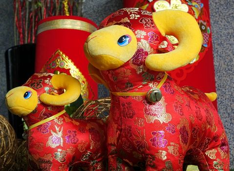 TAINAN, TAIWAN -- JANUARY 30, 2015: To celebrate the coming year of the sheep, according to the Chinese calendar, an outdoor display shows colorful New Year's decorations.