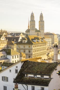 View of the old town (Altstadt) and the Grossmunster (great minster) church, in Zurich, Switzerland