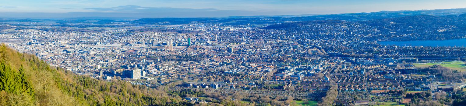 Panoramic view of the city of Zurich from Uetliberg Mountain. Switzerland