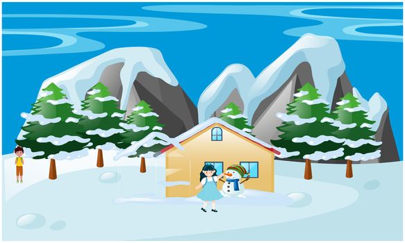 kids are playing with snowman near mountains