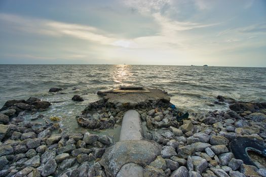 Peaceful beach view and waves during sunset at Jeram, Kuala Selangor Malaysia