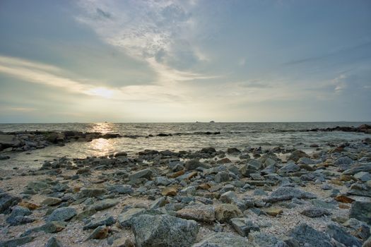 Peaceful beach view and waves during sunset at Jeram, Kuala Selangor Malaysia