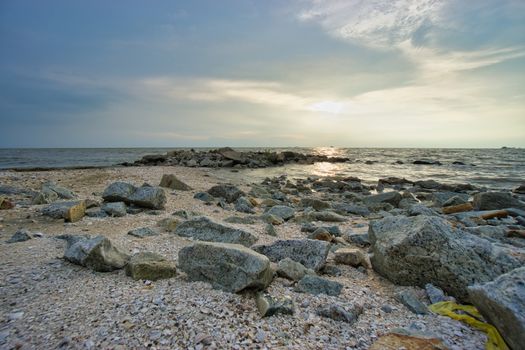 Peaceful beach view and waves during sunset at Jeram, Kuala Selangor Malaysia