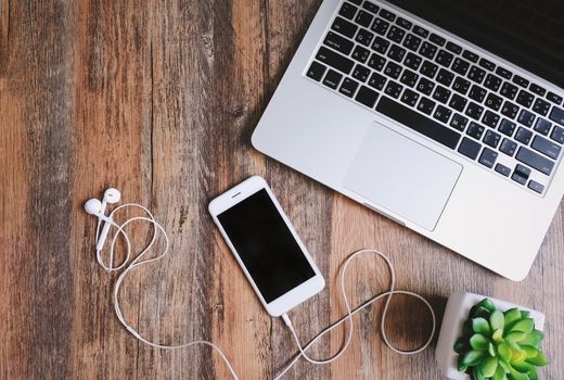 Flat lay photo of workspace desk with laptop, smartphone, earphones and green plant with copy space wooden background
