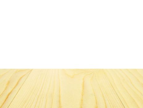 Empty wooden table top for product placement with white background