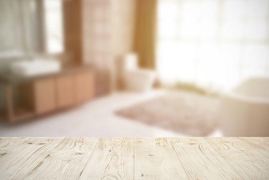 Empty wooden board table top on blur abstract of bathroom interior background, for montage product or display, mock up for display of product