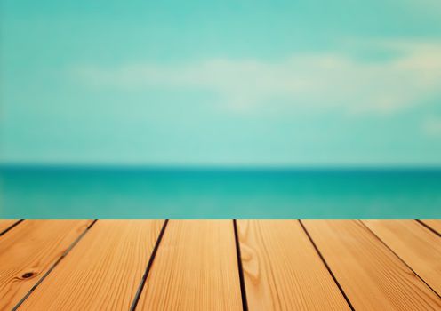 Empty wooden deck table over sea background, Summer concept