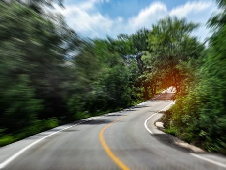 Blurred curve road surrounded with green rainforest in summertimes. Road in motion blur through the forest to the light, view from inside car.