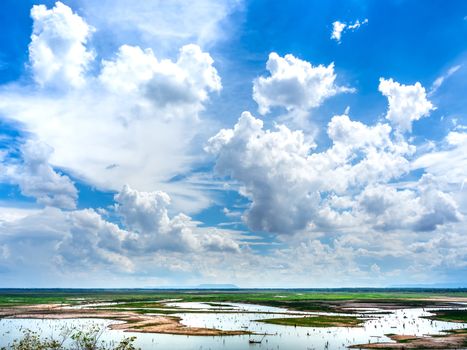Beautiful cloud and blue sky with landscape of swamp background. Panoramic view of the countryside in Thailand.