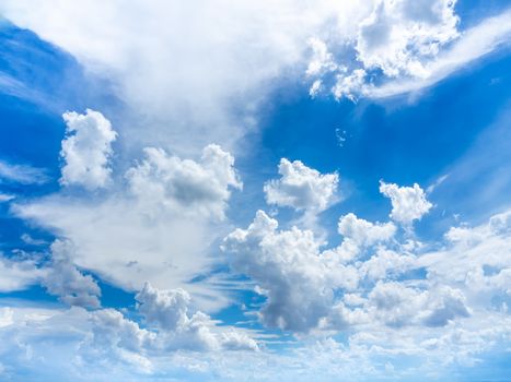 Beautiful clouds and blue sky background on sunny day. Panoramic of summer sky view on countryside in Thailand. 