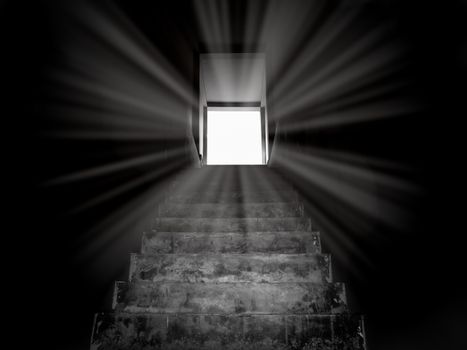 Old concrete stairs to secret door with the light, way to success. Step up stairway, from the dark to the shining light, black and white style.