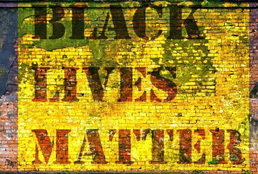 Black Lives Matter slogan protestors anti Black racism african American yellow stencil pattern brick wall background red urban cracked building