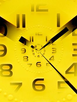 Yellow watch with five petals. Alarm clock on a white background.Drost effect.