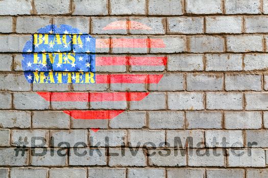 Black Lives Matter hashtag slogan anti Black racism African-American people stencil heart on American flag United States white background of bricks