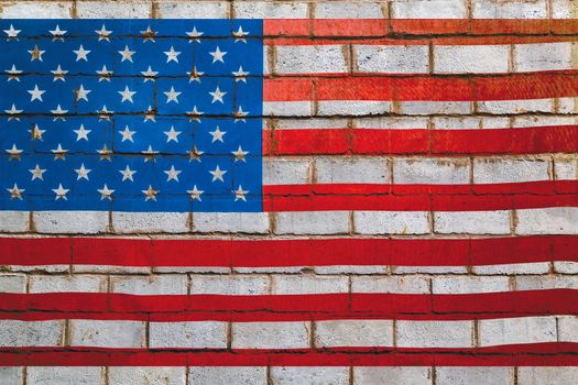 Flag of the United States of America USA white bricks close-up wall stone texture old background