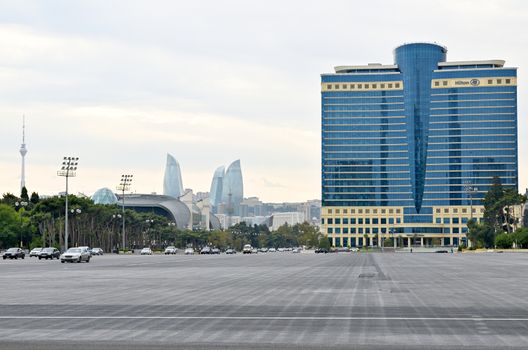 15-10-2018 Baku.Azerbaijan.Platitude "Freedom"-"Azadlig"  located on the shores of the Caspian Sea.Hotel Hilton.