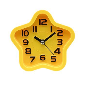 Yellow watch with five petals. Alarm clock on a white background