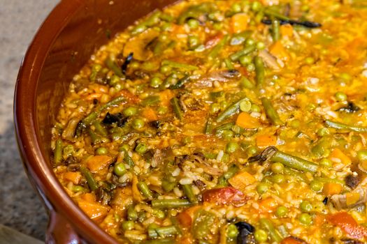 Close Up of Colorful and Fresh Vegetarian Paella Spanish Rice Dish