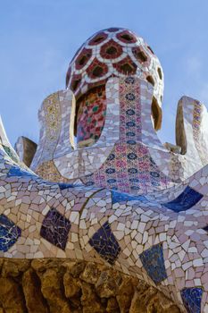 Detail of colorful mosaic work of Park Guell. In 1984 UNESCO declared the park a World Heritage Site under Works of Antoni Gaudi. Barcelona of Spain. 23 october 2013